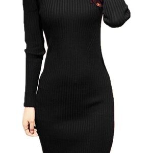 Black Ribbed Cowl Neck Sweater Dress – Bodycon Midi – NWT